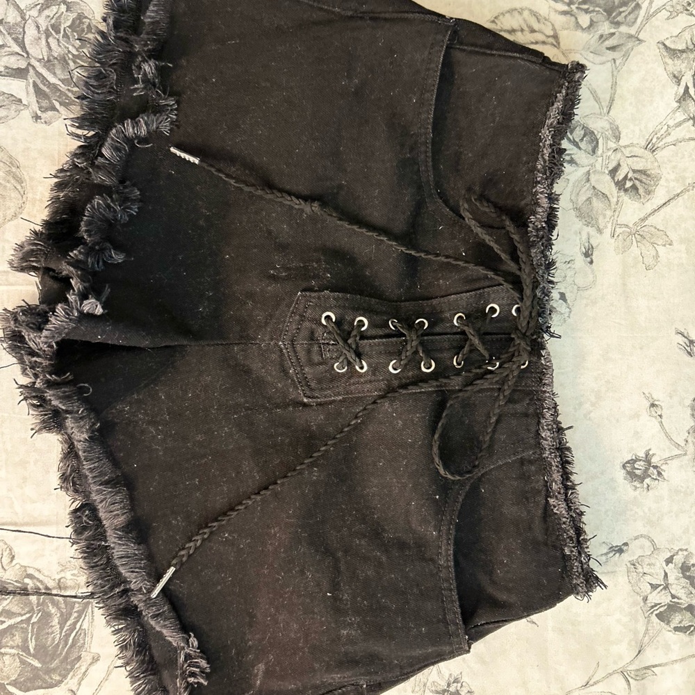 High Waist Black Lace-Up Denim Shorts